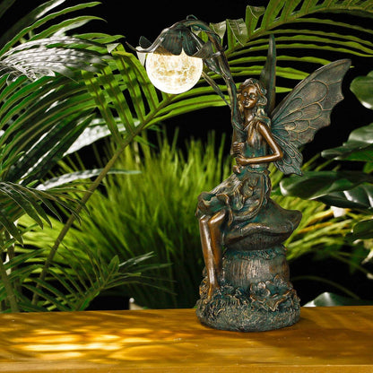 Sitzende Elfen Solar Gartenfigur 35cm Bronze Fairy Statue