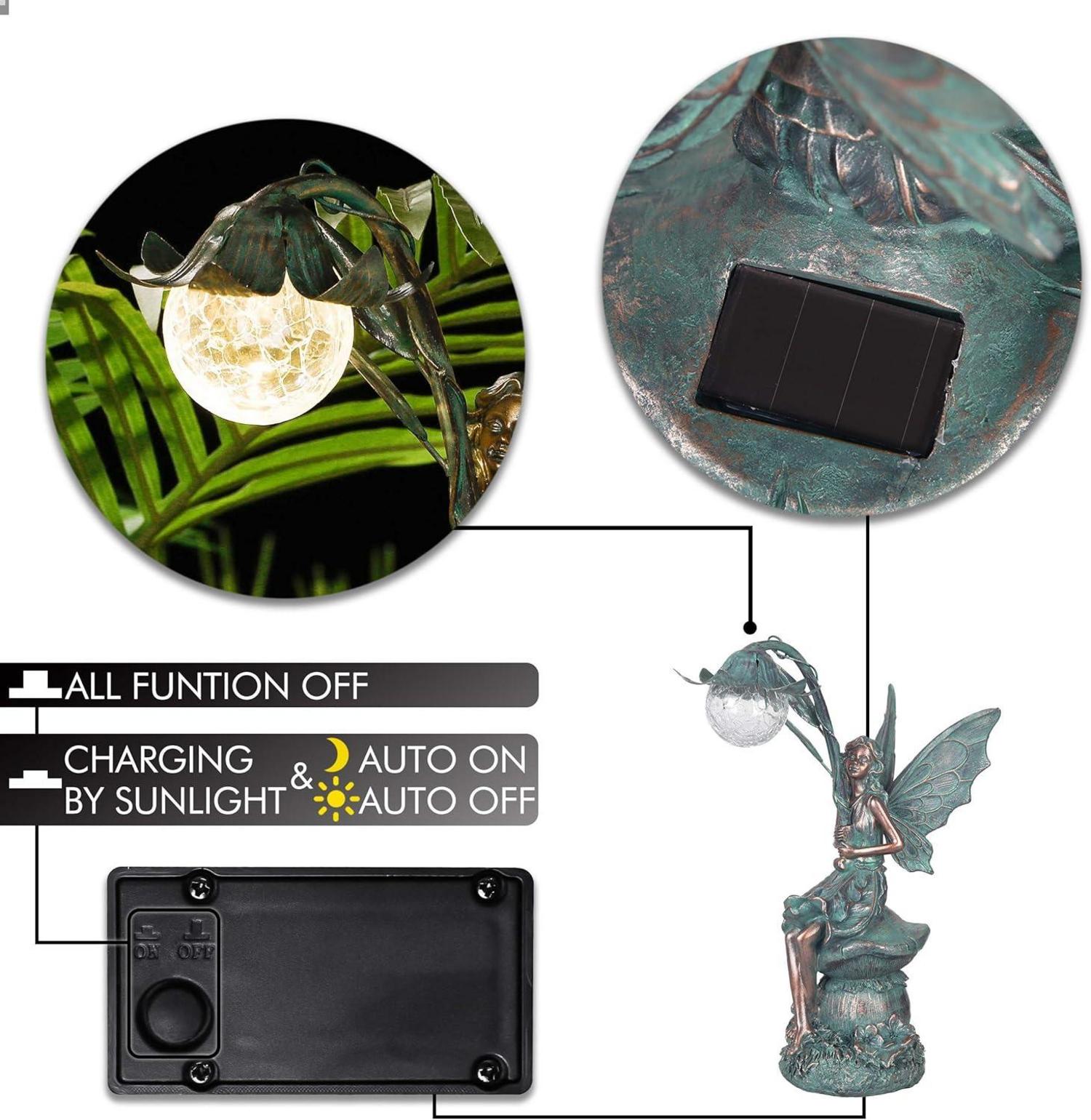 Bronzefarbene sitzende Elfen Solar Fairy Gartenfigur 35cm