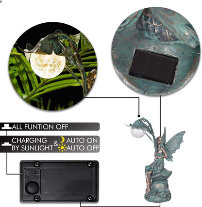 Bronzefarbene sitzende Elfen Solar Fairy Gartenfigur 35cm