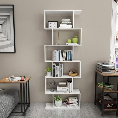 Weißes Bücherregal 6-Ebenen, S-Form, 70x24x190.5 cm