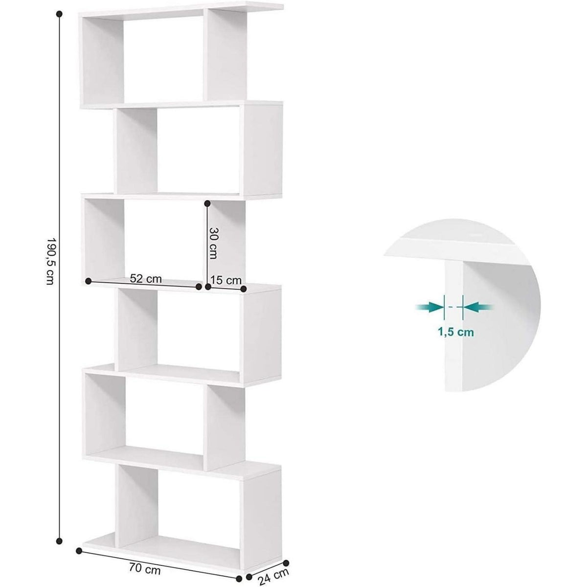 Weißes Bücherregal 6-Ebenen, S-Form, 70x24x190.5 cm
