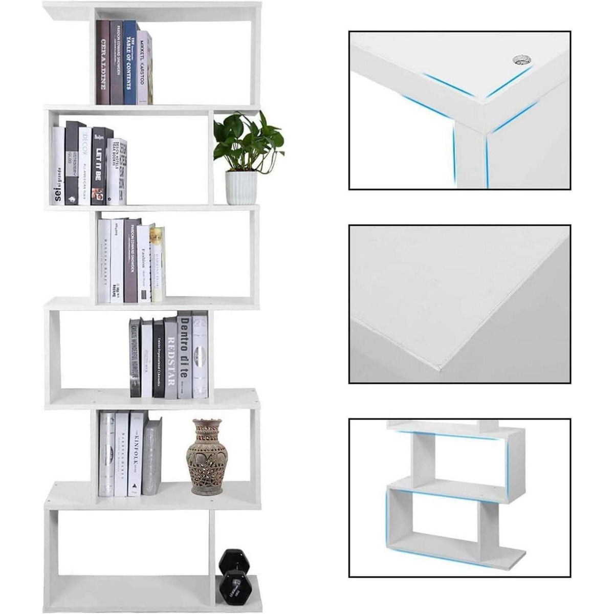 Weißes Bücherregal 6-Ebenen, S-Form, 70x24x190.5 cm