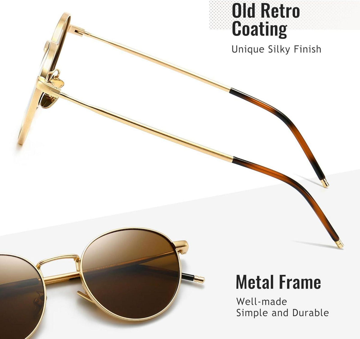 Polarisierte Vintage Metallrahmen Sonnenbrille Rund RetroStyle UV400 Schutz
