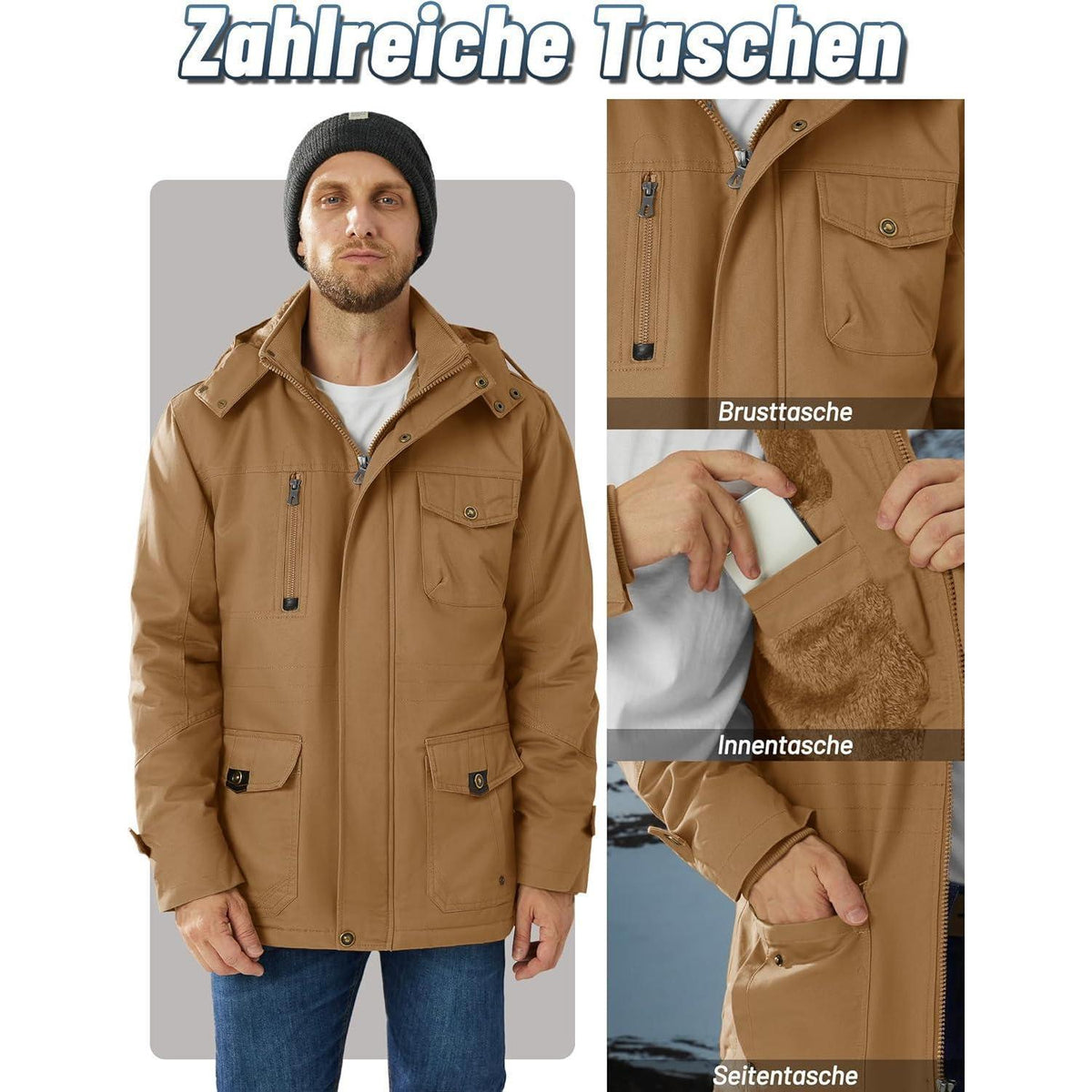 Herren Winterparka mit Kapuze & Cargo Taschen – Warm & Vielseitig