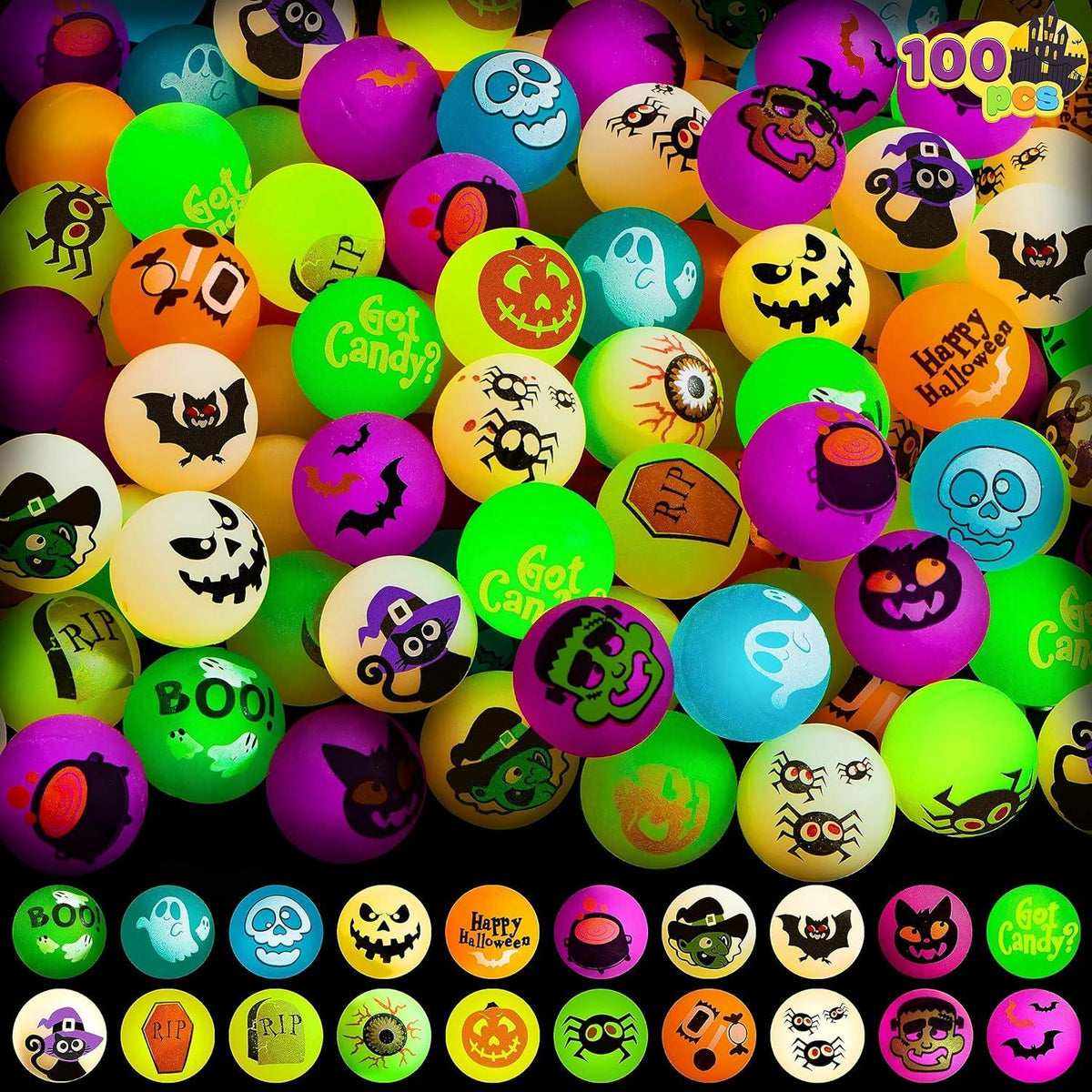 Halloween Flummi Bälle Leuchtend 100 Stück 32mm Gummiball Partytasche