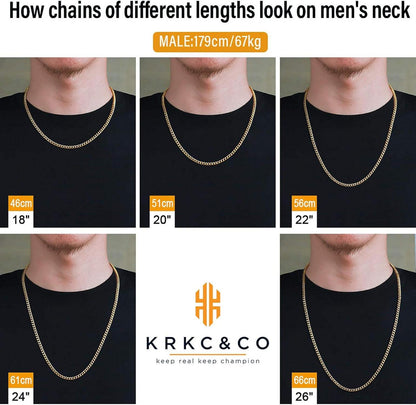 KRKC&CO Herren Panzerkette Edelstahl 4mm Gold Cuban Link 55.9cm Goldkette