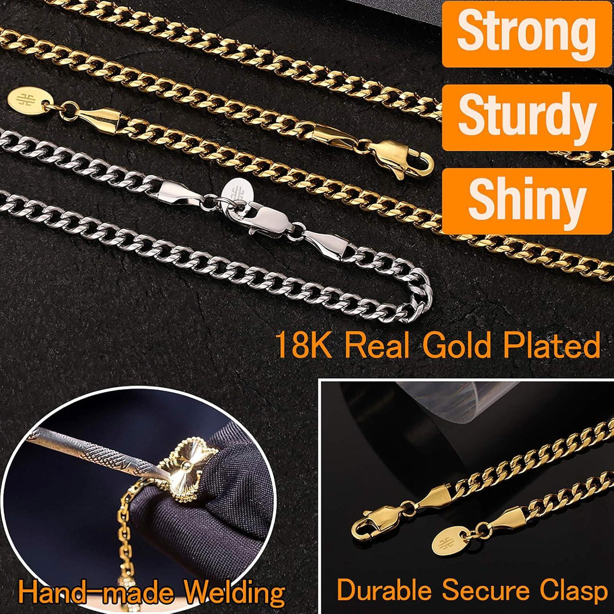 Herren Panzerkette Edelstahl 18K Gold Vergoldet Cuban Link Chain 45,7cm 4mm