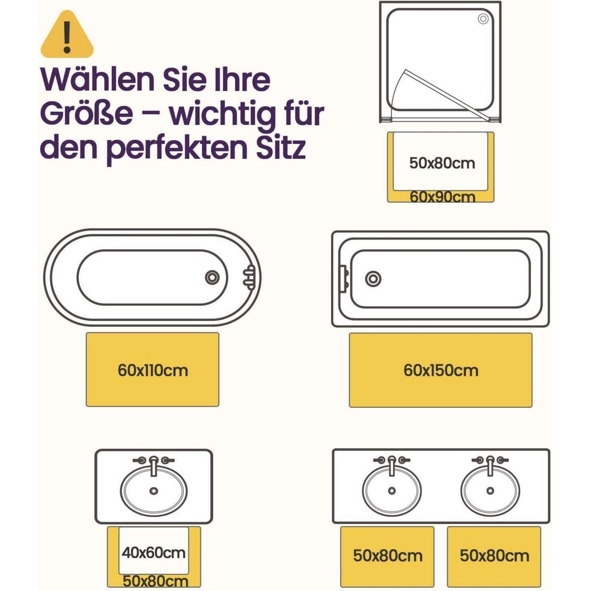 Rutschfeste Badematte Mikrofaser Beige 60x90 cm