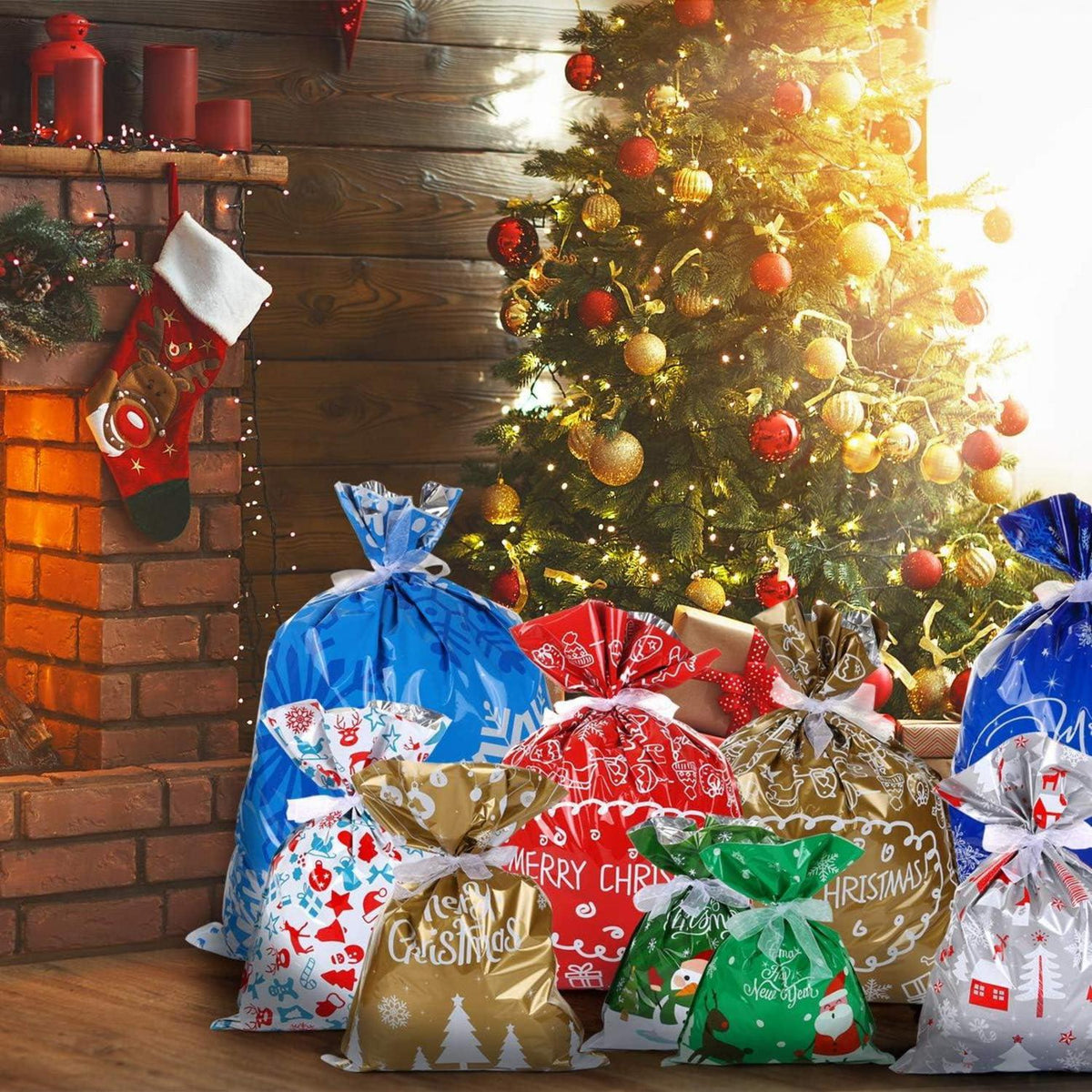 24 x Weihnachtsgeschenktüten Geschenkbeutel Bänder Aufkleber verschiedene Größe