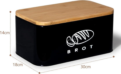 Brotkasten mit Deckel aus Bambus Metall 30cm Schwarz