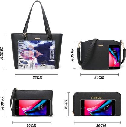 YTL Damen Handtasche Tote Shopper Groß Schultertasche Umhängetasche 4-teiliges Set Schwarz