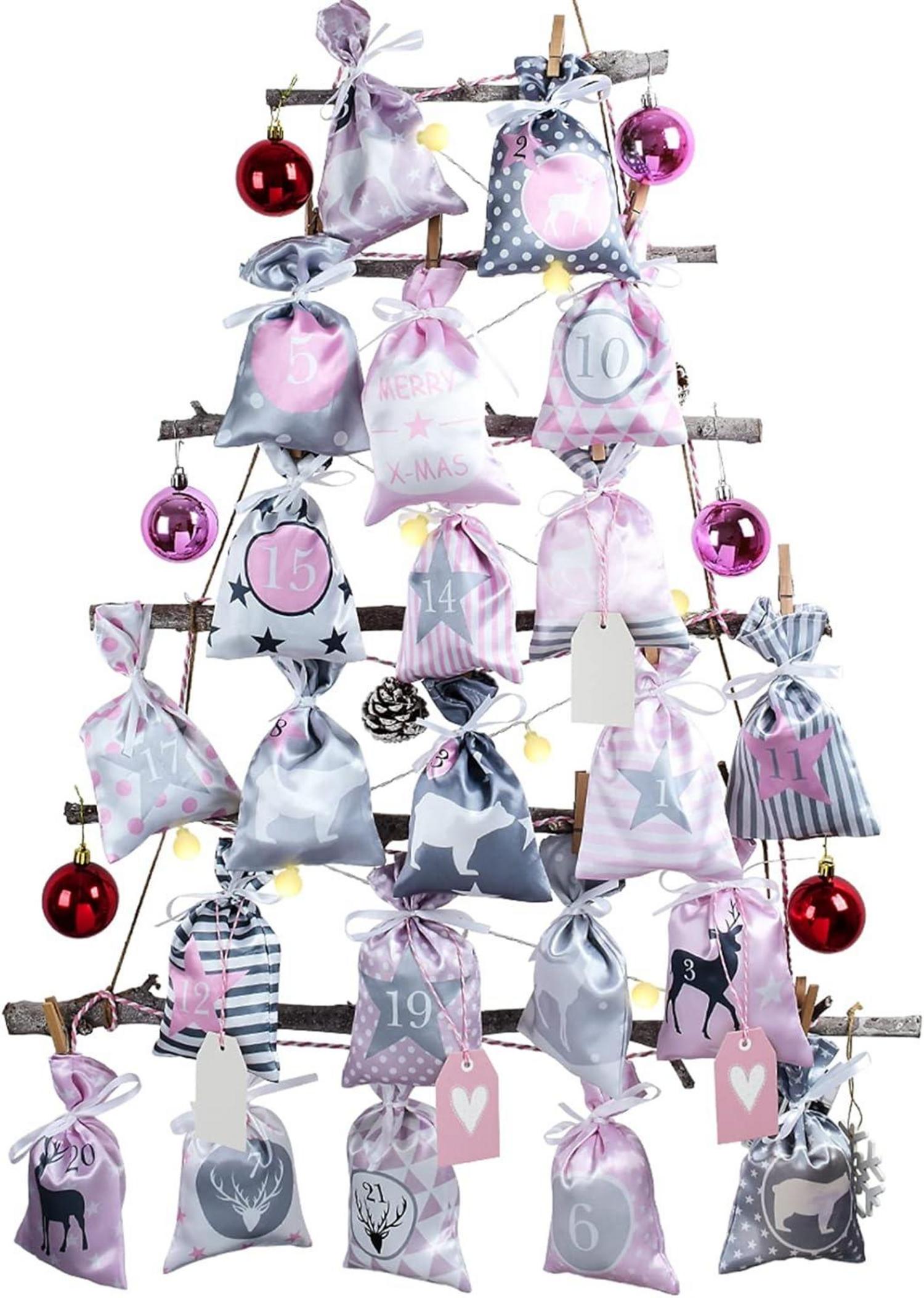 Adventskalender Stoffbeutel Kette Rosa Grau Weihnachtskalender DIY