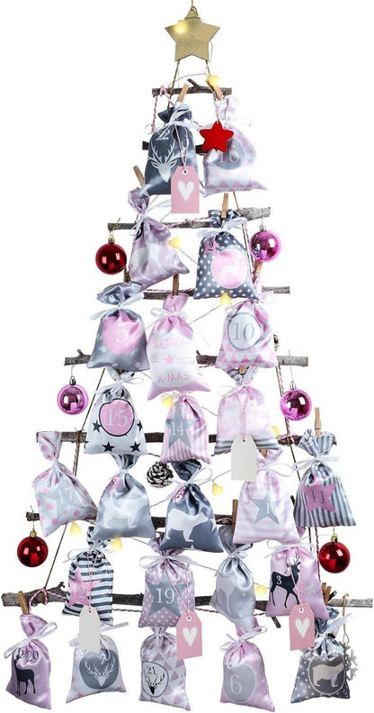 Adventskalender Kette mit 24 Stoffsäckchen Rosa Grau, DIY