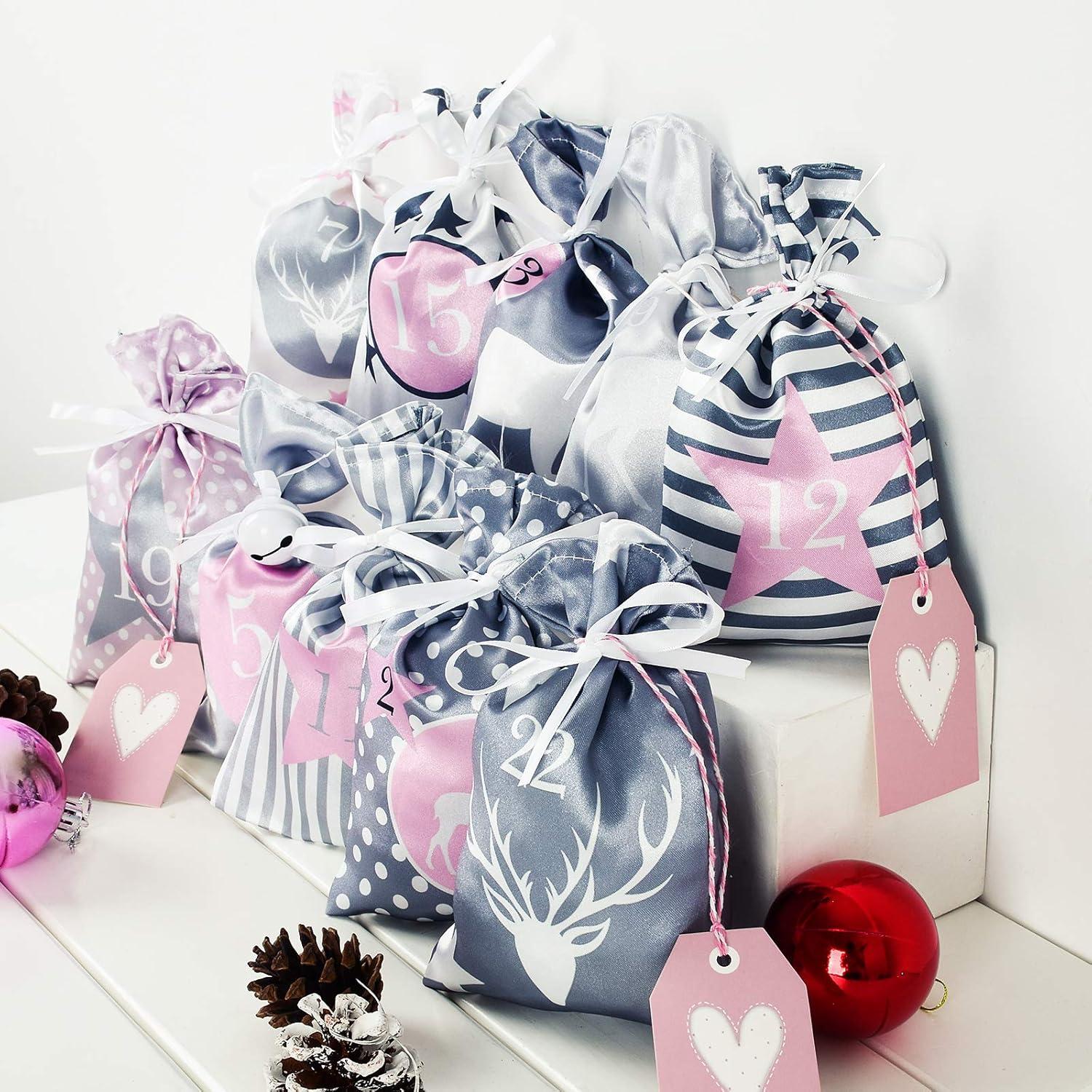 Adventskalender Stoffsäckchen 24 Stoffbeutel DIY Kette Rosa Grau Groß Kinder
