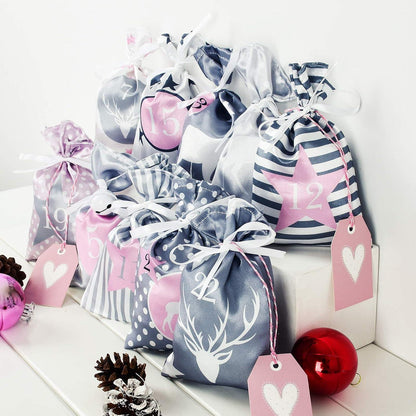 Adventskalender Stoffsäckchen 24 Stoffbeutel DIY Kette Rosa Grau Groß Kinder
