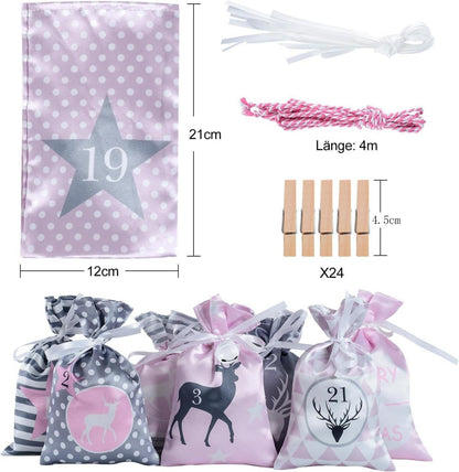 Adventskalender Stoffsäckchen 24 Stoffbeutel DIY Kette Rosa Grau Groß Kinder