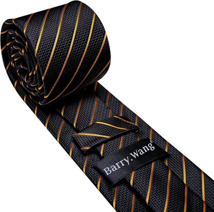 Barry.Wang Men Ties Handkerchief Cufflinks Necktie Set Solid Colors Black Orange