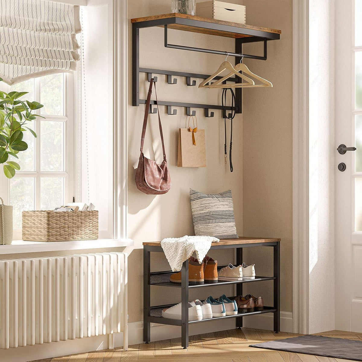 Wandgarderobe mit Ablage und 10 Haken, Dunkelbraun + Schwarz