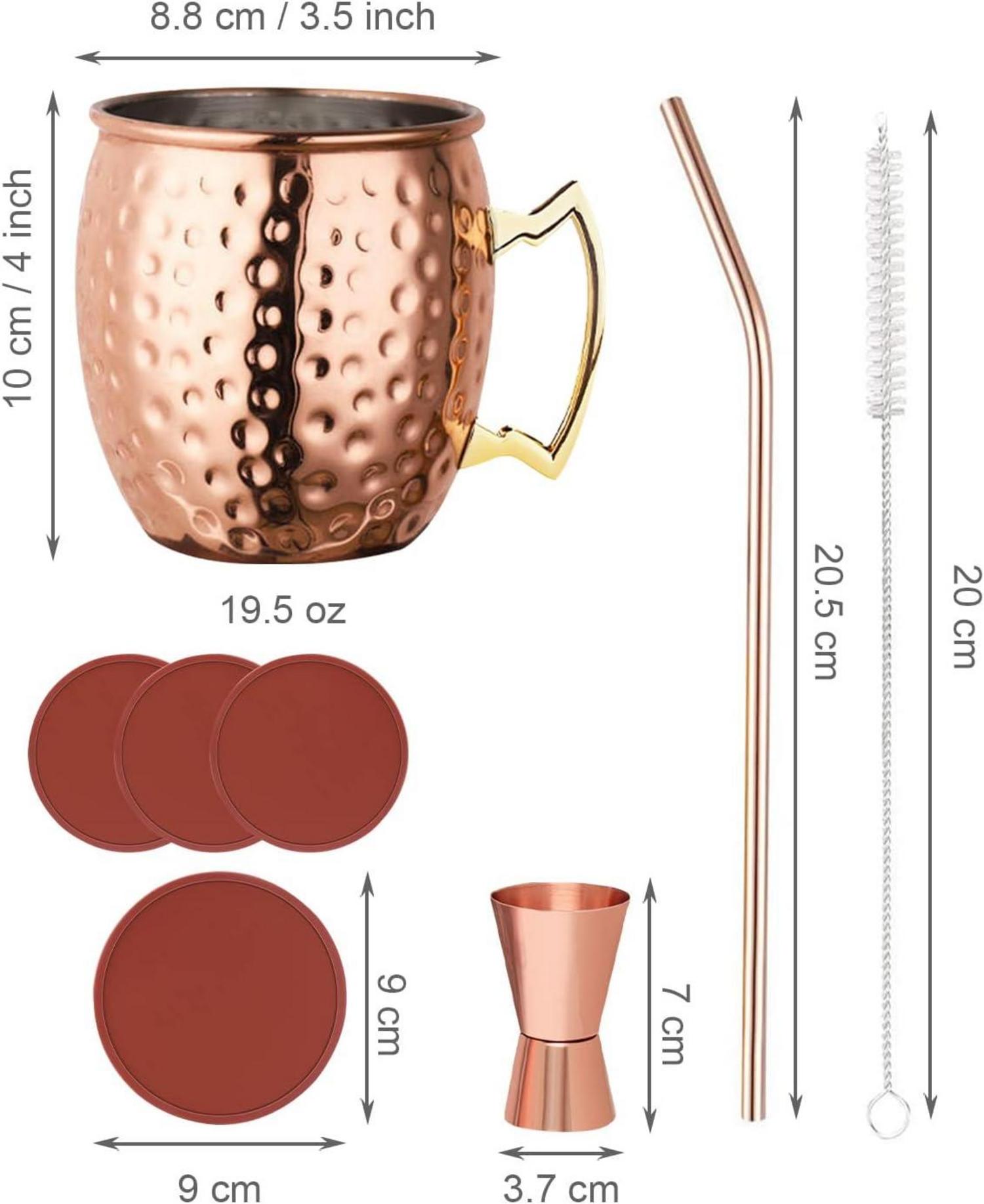 LIVEHITOP Moscow Mule Kupferbecher Set 4 Stück 19.5 Unzen inkl. Untersetzer Strohhalme Jigger & Strohbürste