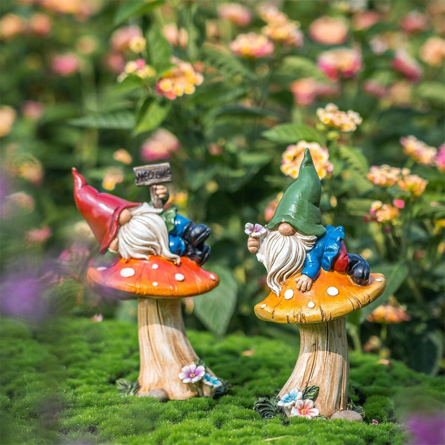 2er Set Lustig Gartenzwerge auf Pilzen liegende Herbstdeko