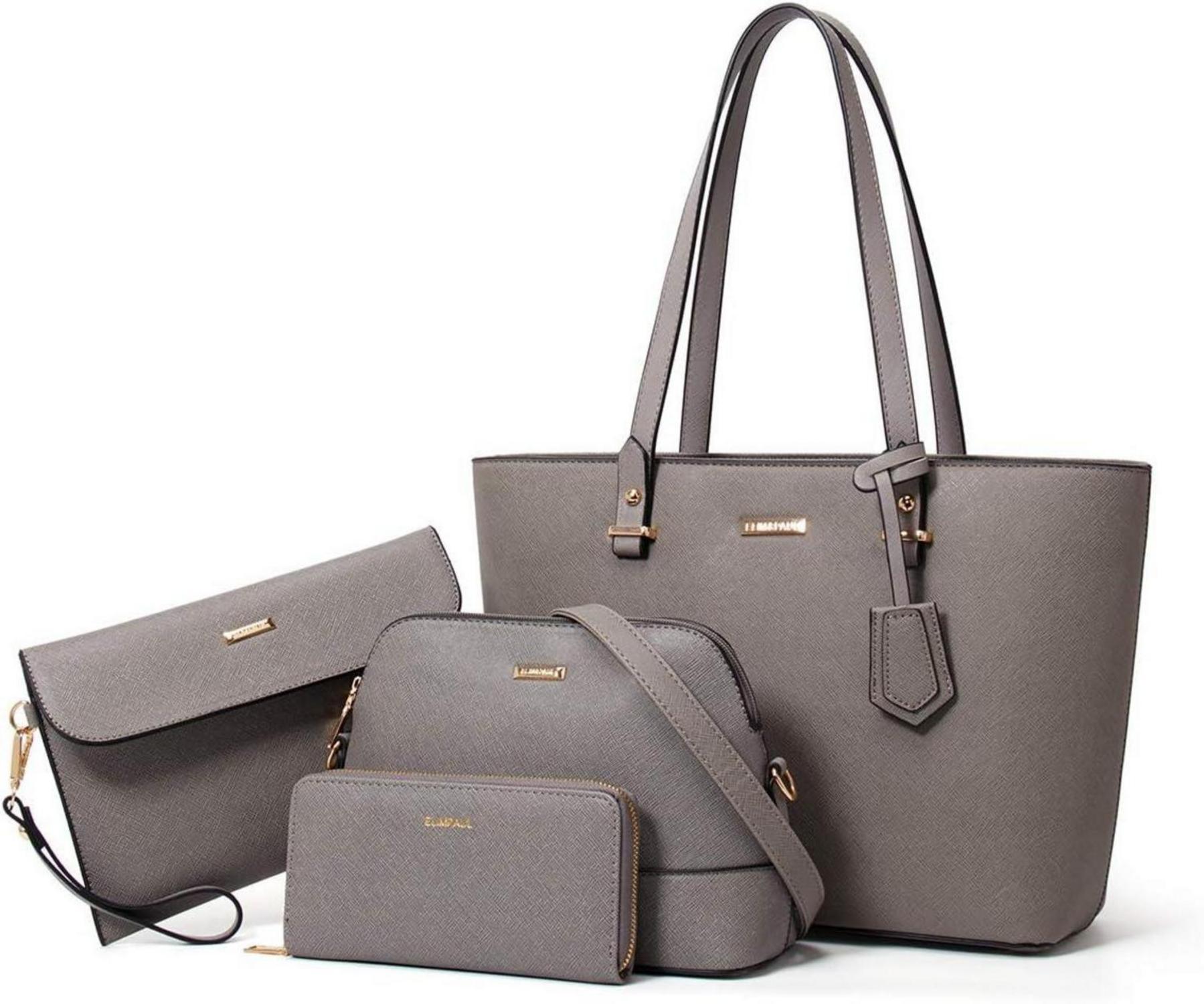 Damen Handtasche Groß Schultertasche Umhängetasche 4-teiliges Set Grau