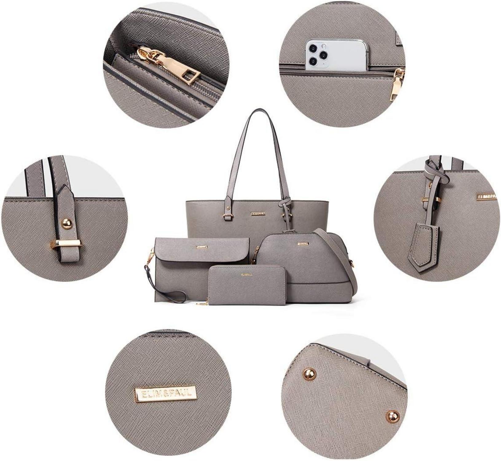Damen Handtasche Groß Schultertasche Umhängetasche 4-teiliges Set Grau