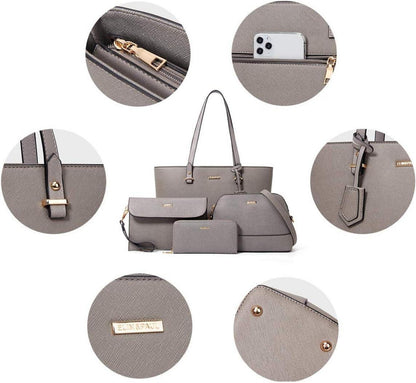 Damen Handtasche Groß Schultertasche Umhängetasche 4-teiliges Set Grau