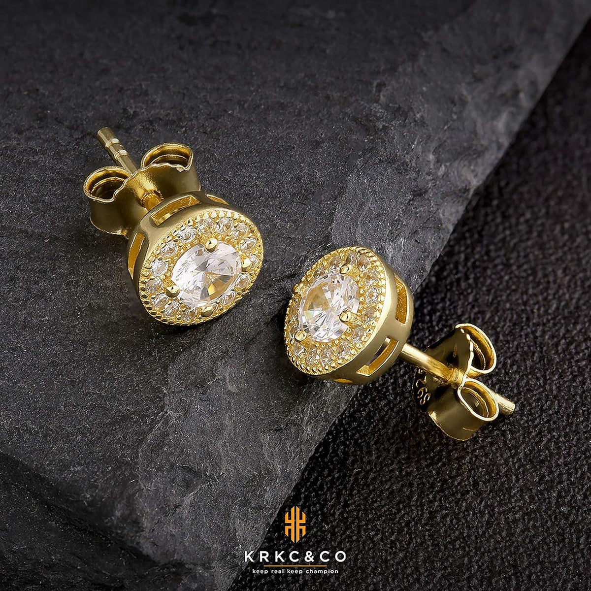 KRKC&CO Ohrringe Herren Silber 925 Zirkonia Steine Blau Weiß 14K Gold 7.5mm