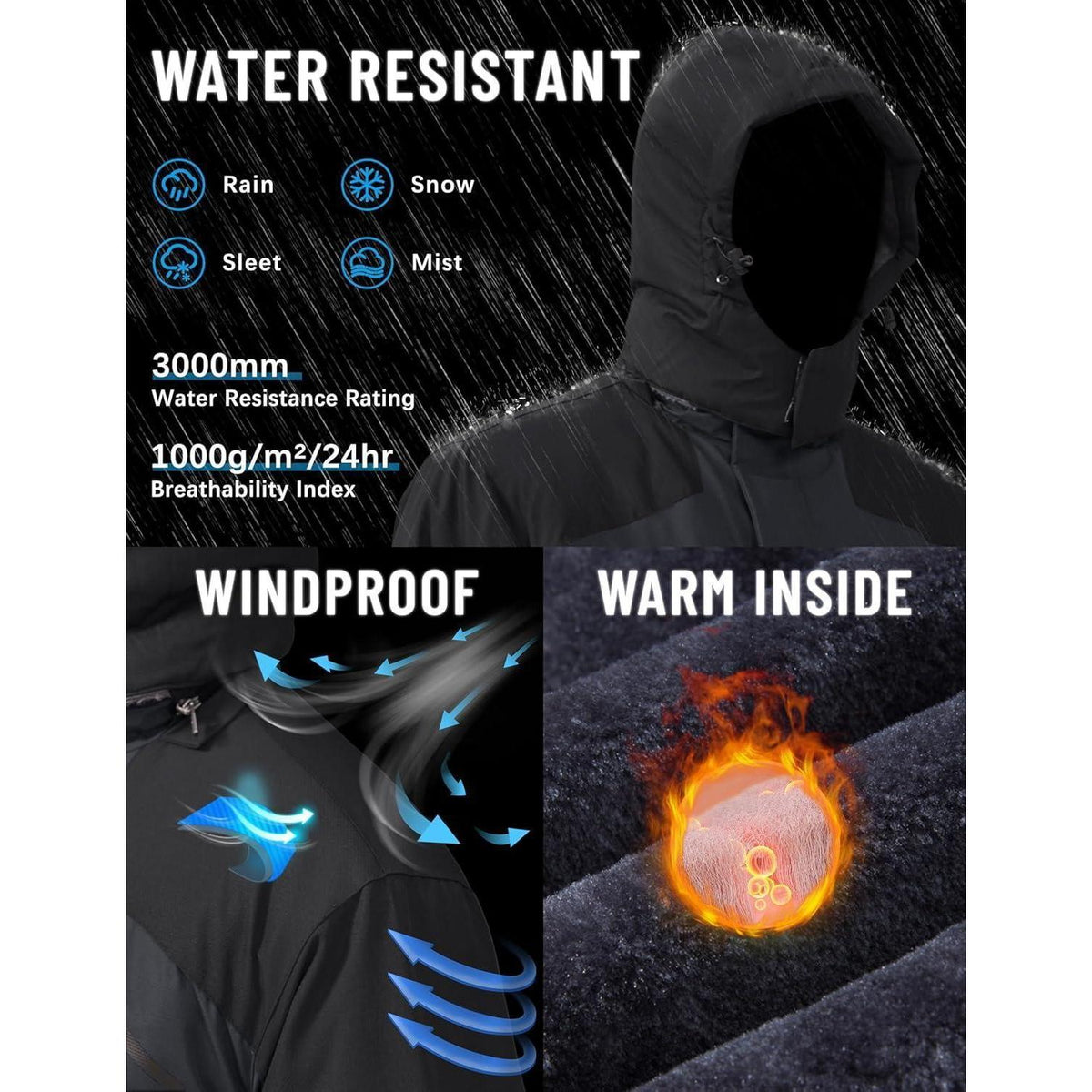 Herren Winterjacke wasserdicht warm gefüttert mit Kapuze Grau/Schwarz 3XL