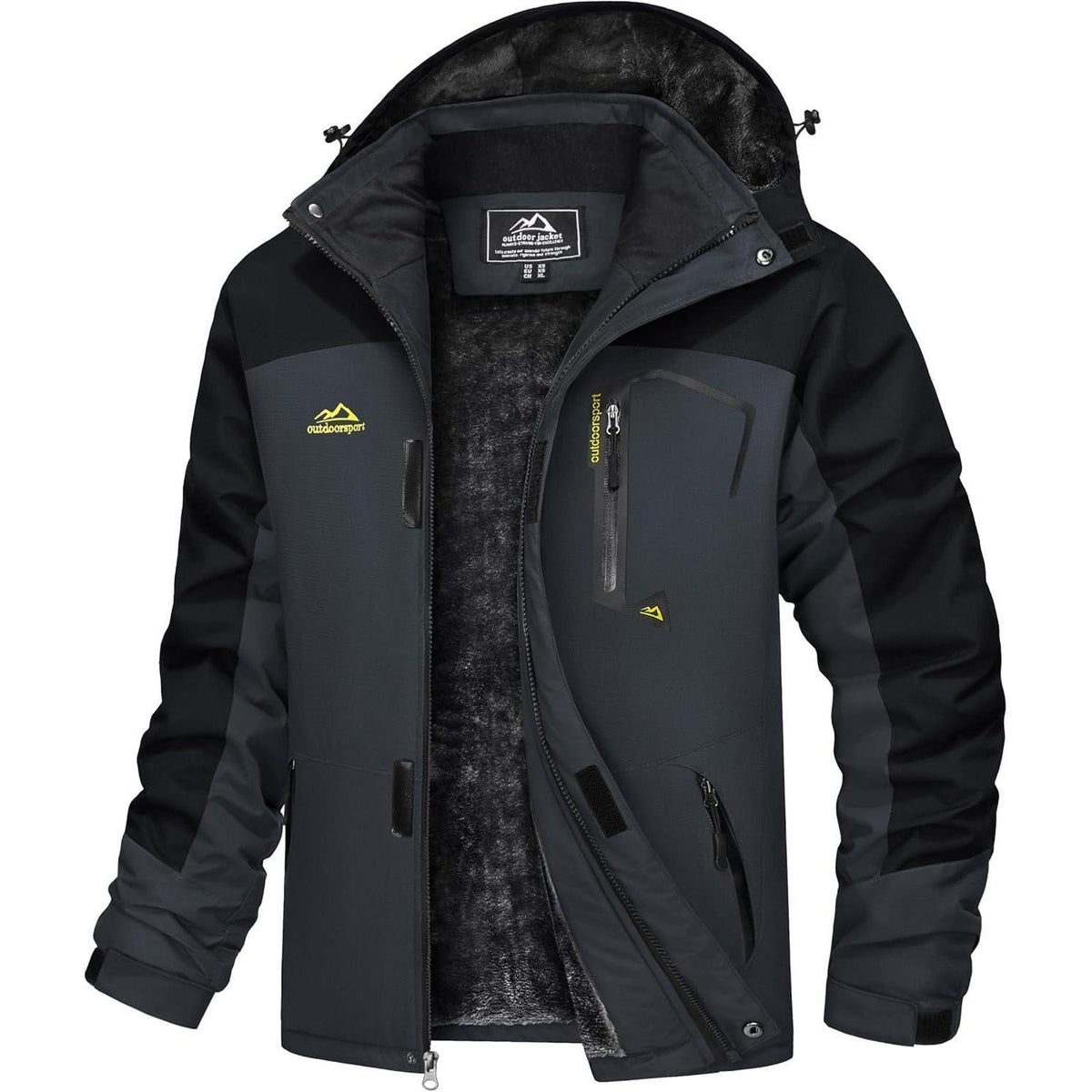Herren Winterjacke wasserdicht warm gefüttert mit Kapuze Grau Schwarz