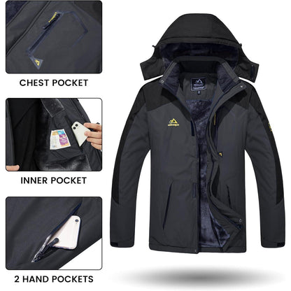 Herren Winterjacke wasserdicht warm gefüttert mit Kapuze Grau Schwarz
