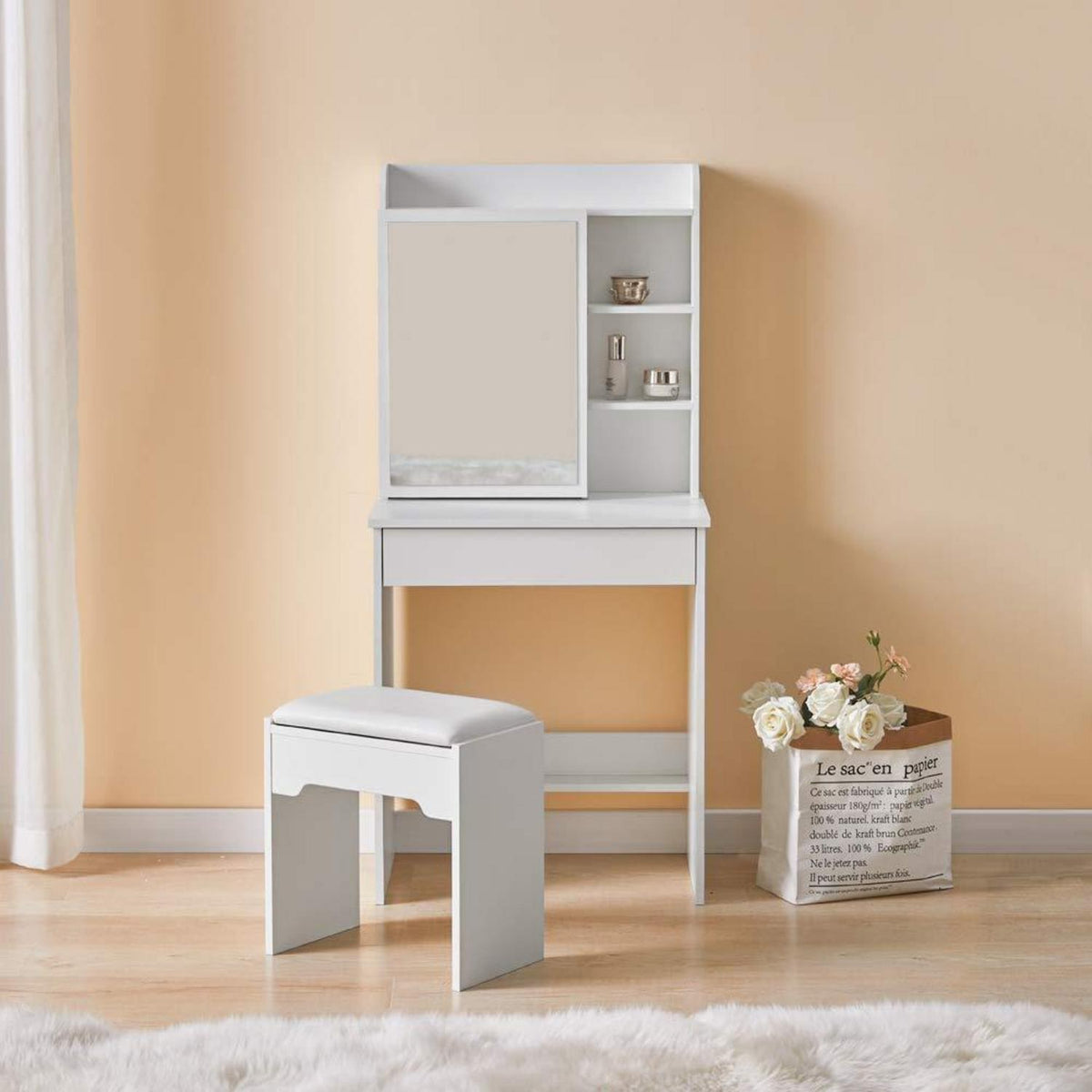 Schminktisch mit Hocker & Spiegel – Weißes Schlafzimmer-Set
