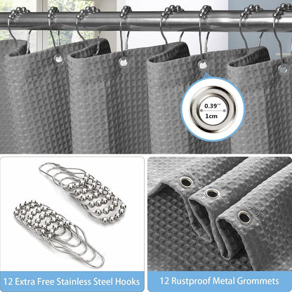 Waffel Duschvorhang mit Metall Duschvorhangringe Stoff Textil Badewannenvorhang 182x182cm Grau