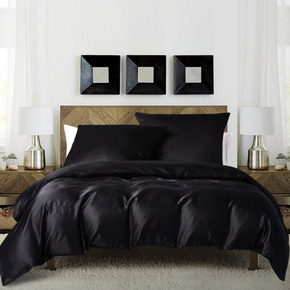 Satin Bettwäsche Set Schwarz 200x200cm + 2x 80x80cm