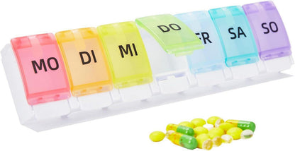 Wochen-Pillendose für 7 Tage - Tablettenbox mit Knopf und