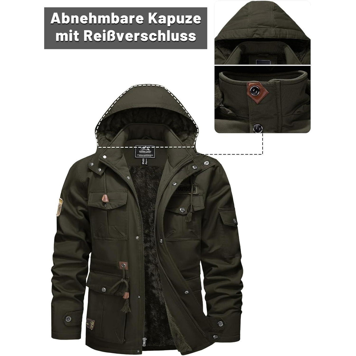 Herren Winter Fleecejacke mit Kapuze – Outdoor Cargojacke Armeegrün