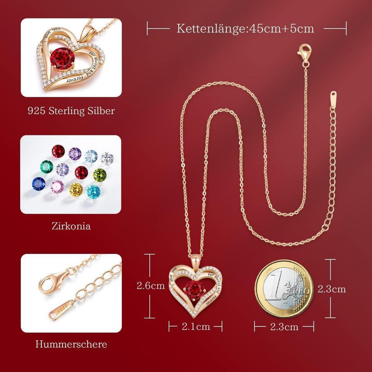 Herz Halskette 925 Sterling Silber Rosegold mit Zirkonia & Geburtsstein