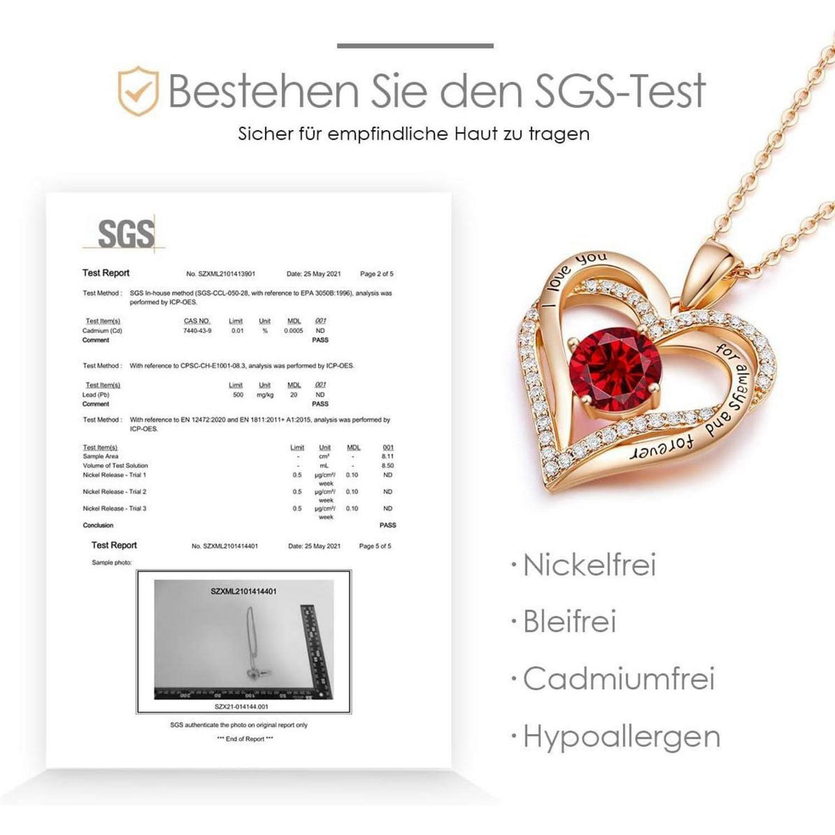 Herz Halskette 925 Sterling Silber Rosegold mit Zirkonia & Geburtsstein