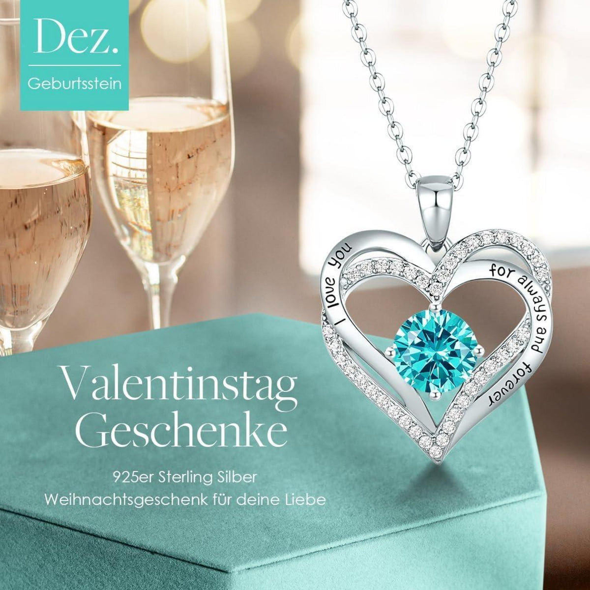 Herz Halskette 925 Sterling Silber Rosegold mit Geburtsstein und Zirkonia