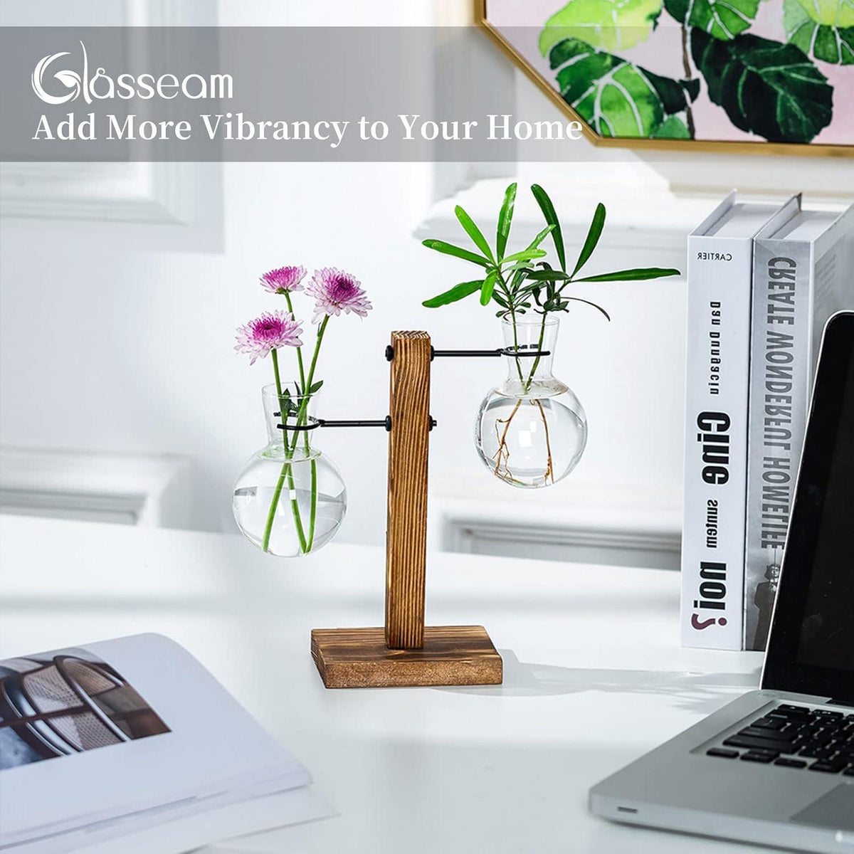 Vermehrungsstation Holzregal Vintage Avocado Glas Vasen Blumen Eichel