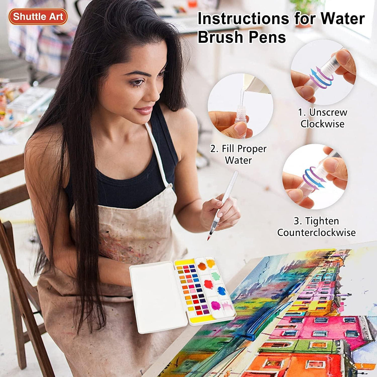 48er Aquarellfarben Set mit Pinseln, Wasserpinsel, Block, Palette - Aquarell Set