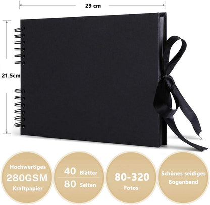 Fotoalbum zum Selbstgestalten, DIY, 80 Schwarze Seiten, Hochwertiges Geschenk 28.5x21cm Schwarz