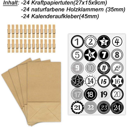 Adventskalender Kraftpapiertüten mit Aufklebern und Klammern