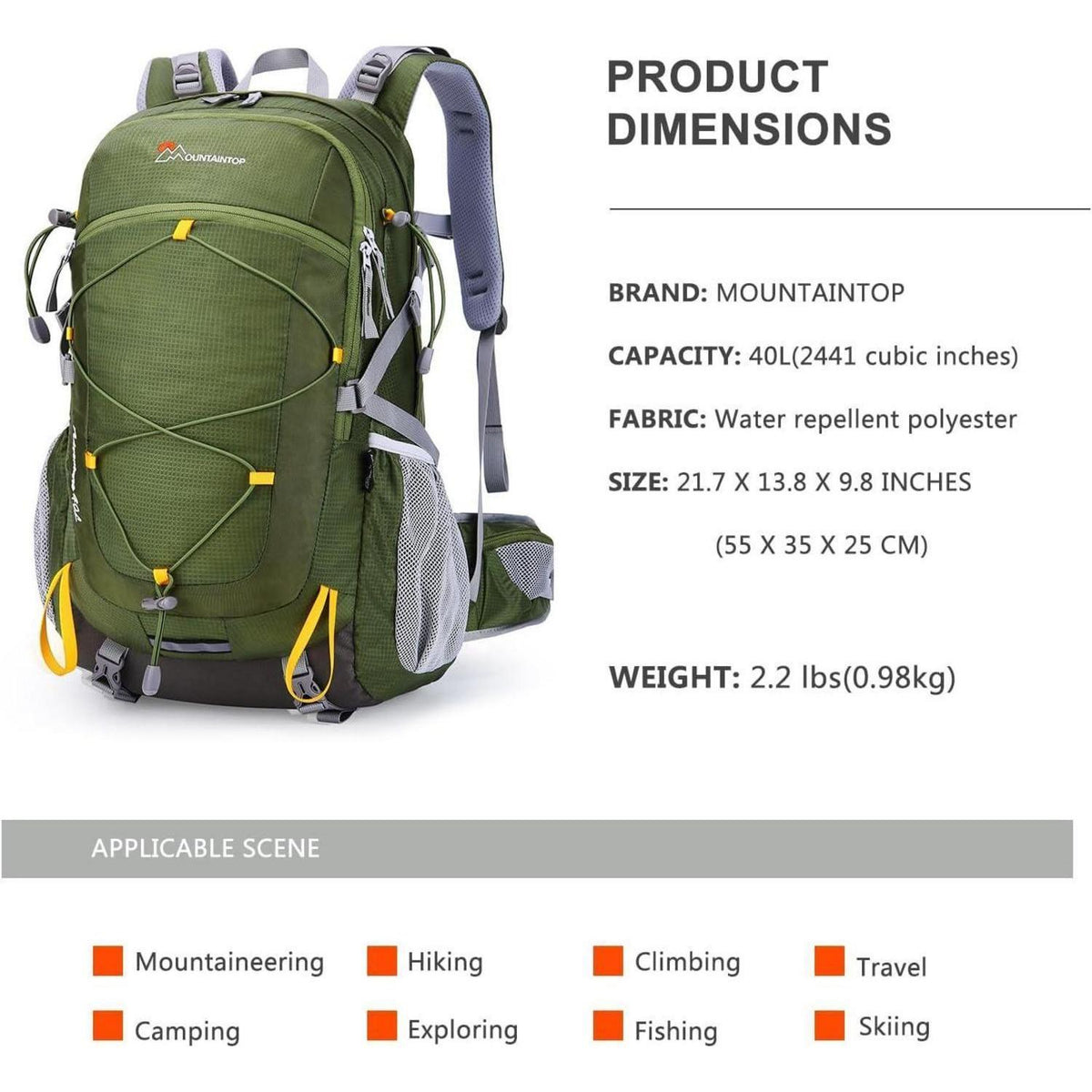 Trekkingrucksack 40L mit vielen Fächern, Armeegrün