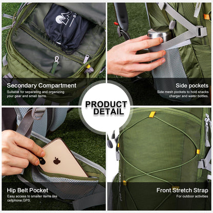 Trekkingrucksack 40L mit vielen Fächern, Armeegrün