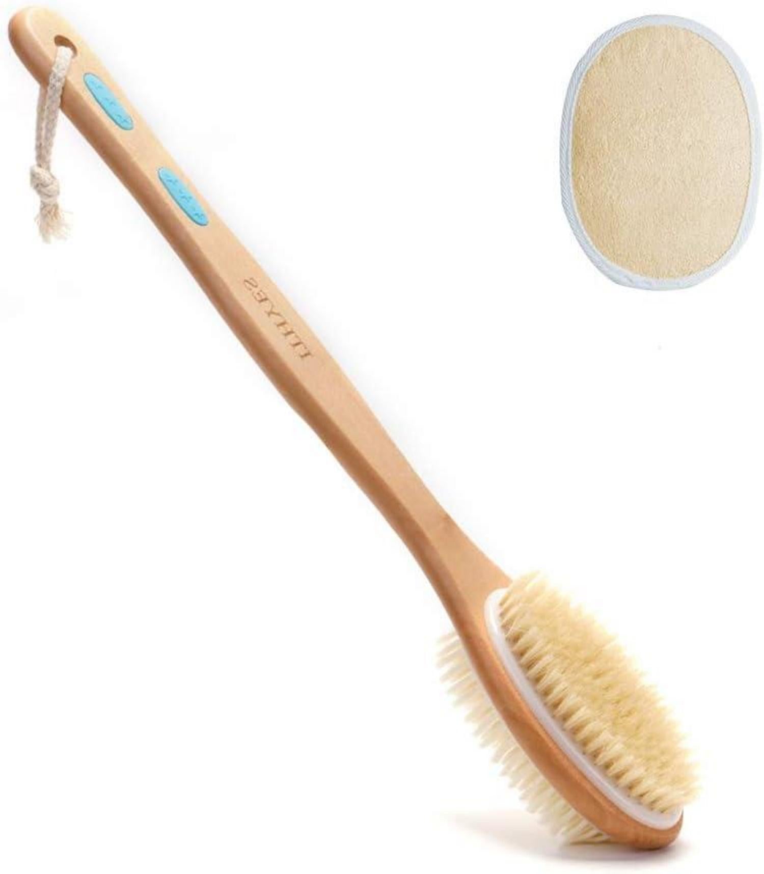 Duschbürste mit Naturborsten und Luffa, Langgriff, Doppelseitig