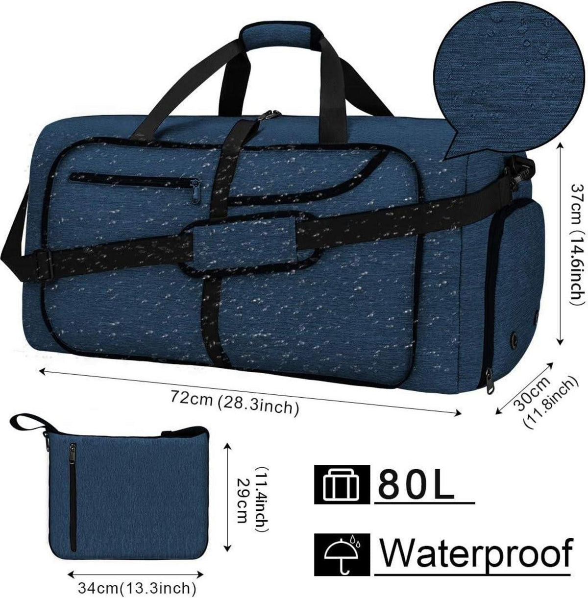 NEWHEY Faltbare Reisetasche 80L Schwarz Sporttasche mit Schuhfach