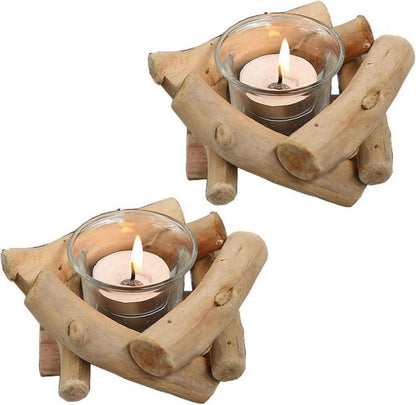 Rustikale Kerzenständer Teelichthalter Holz 2er Set Glas Windlicht