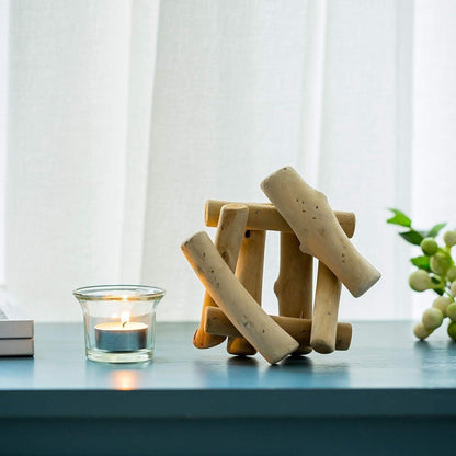 Rustikaler Kerzenständer Teelichthalter Holz 2er Set mit Glas Tasse - Vintage Deko für Wohnzimmer Hochzeit Esstisch