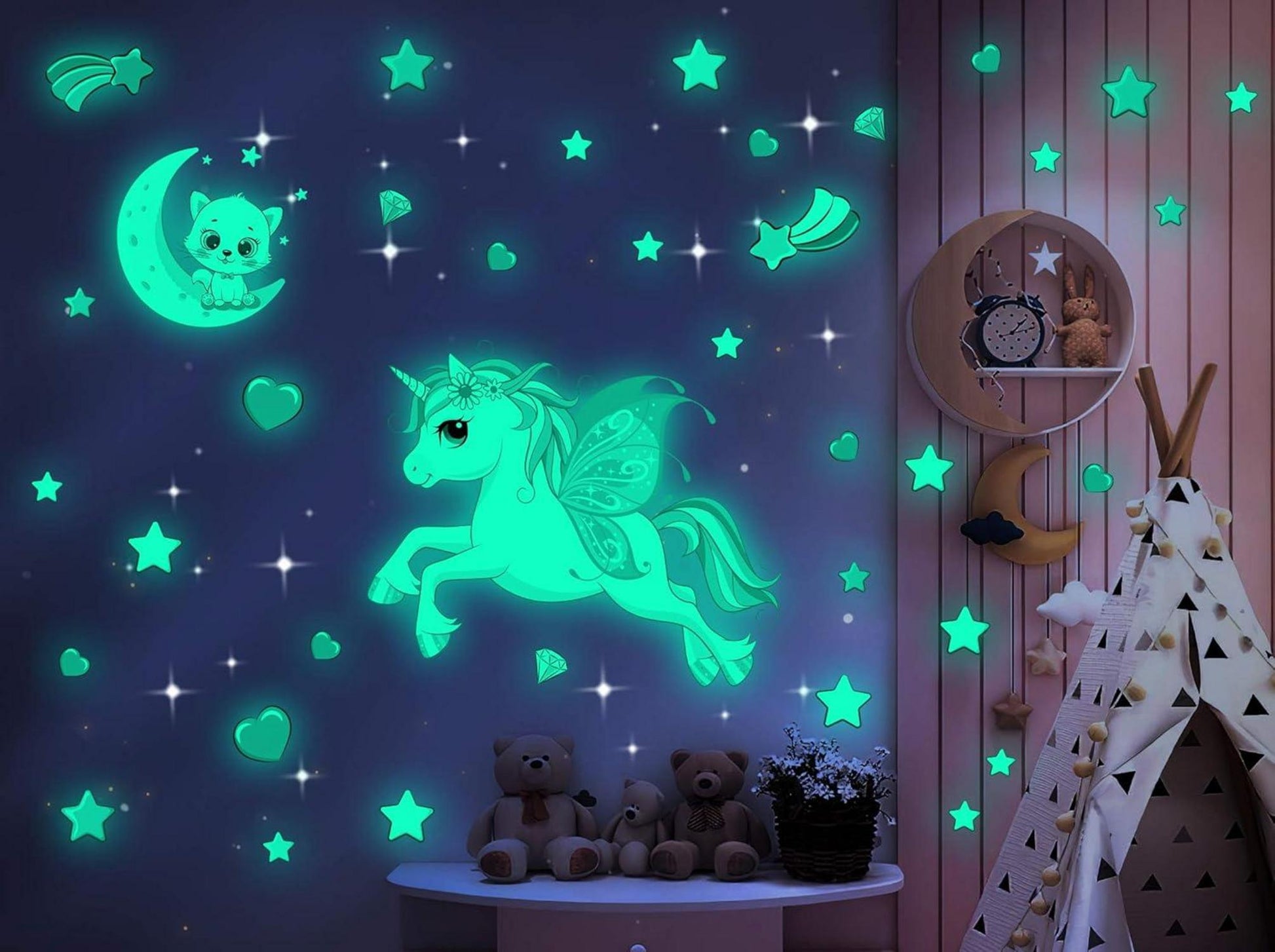 Wandtattoo Mädchen Einhorn Leuchtsterne Leuchtsticker Kinderzimmer